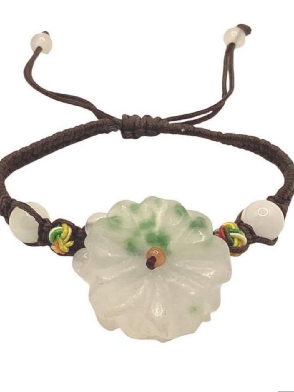 NWOT Bracelet Jade Carved Flower bright  macrame knits, beads, woven cord brown
